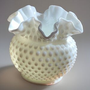 VTG Fenton Hobnail White Milk Glass Vase Ruffled Edge 5.25" Pre-1970 Decor